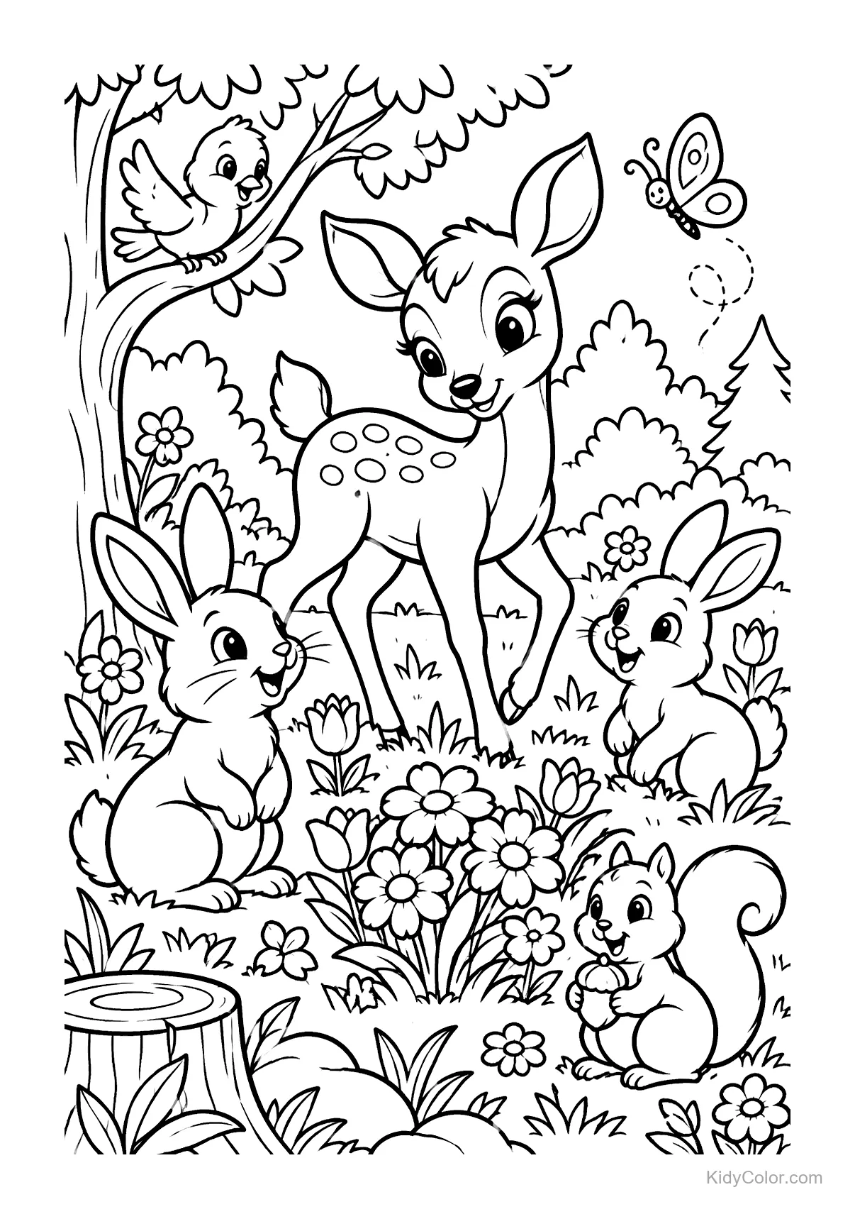 A deer stands with rabbits, a squirrel, birds, and flowers in a meadow.