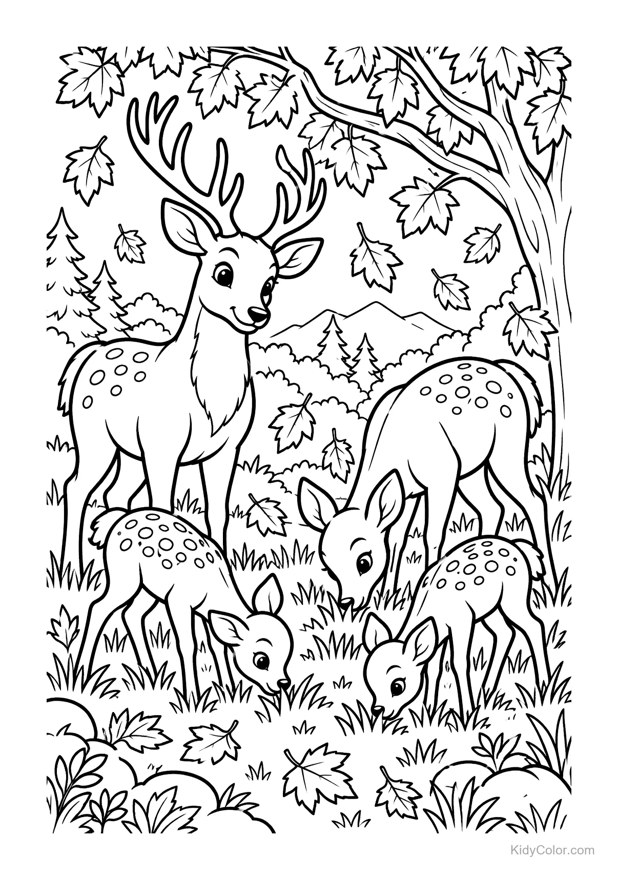 Deer family in a forest with autumn leaves around them.