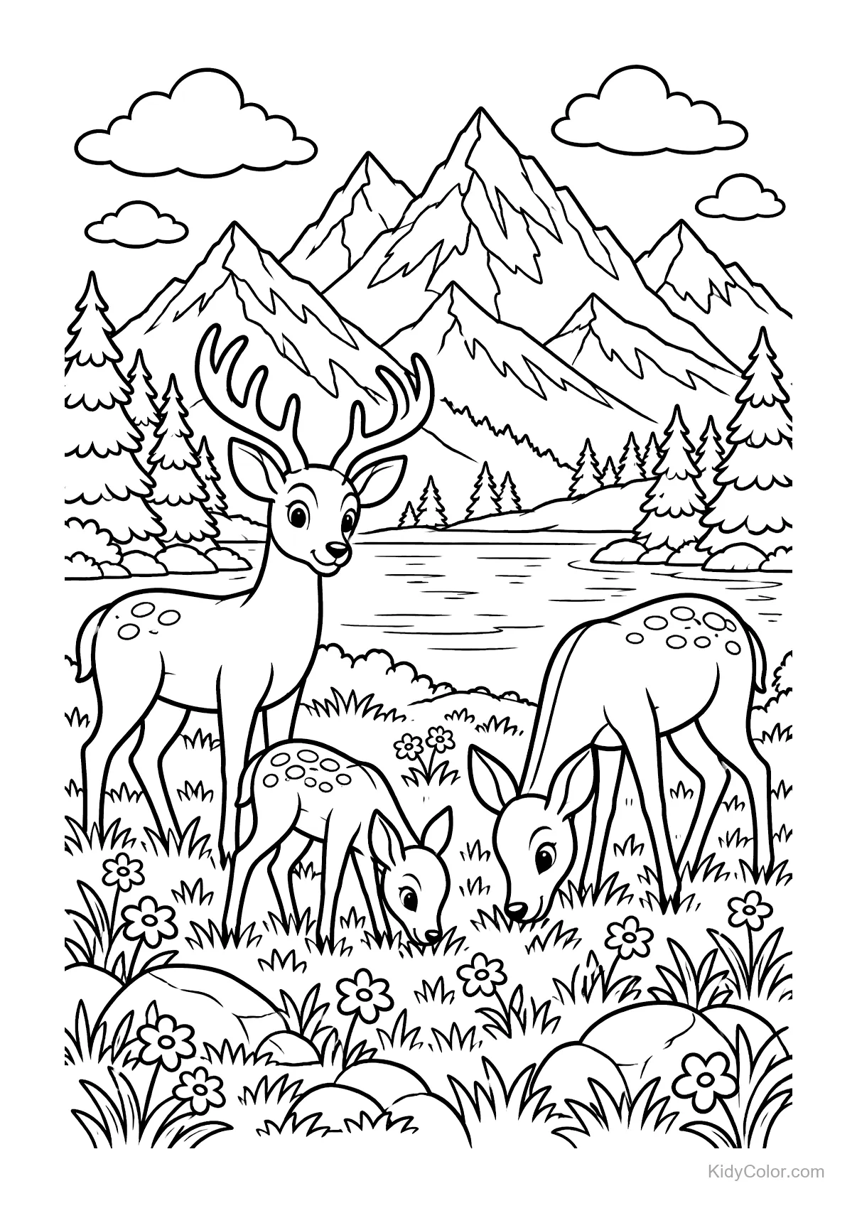 Deer family with a fawn grazing in a mountain meadow with flowers.