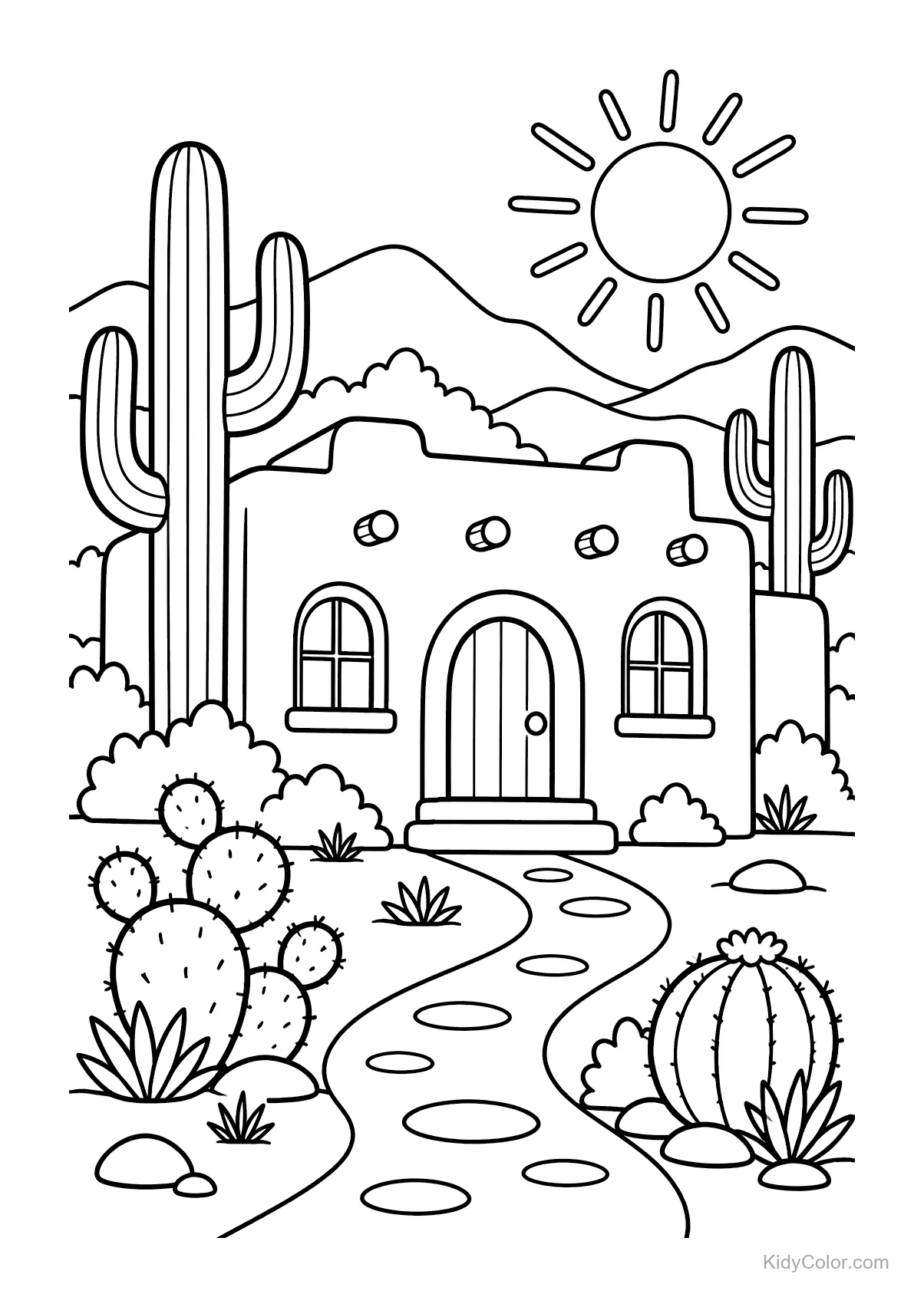 Casa nel deserto con cactus e montagne sullo sfondo.