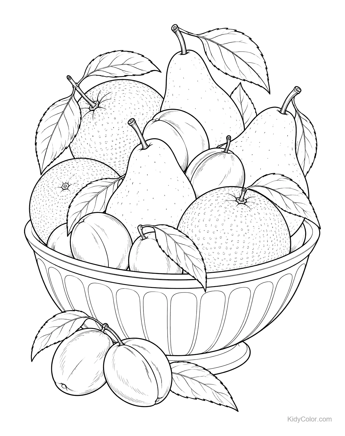 A bowl filled with pears, oranges, and plums, with detailed leaves.