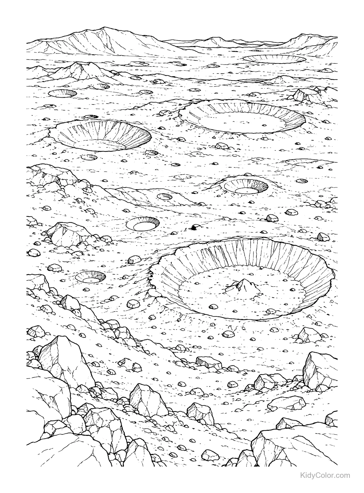 Detailed landscape with lunar craters on the moon's surface.