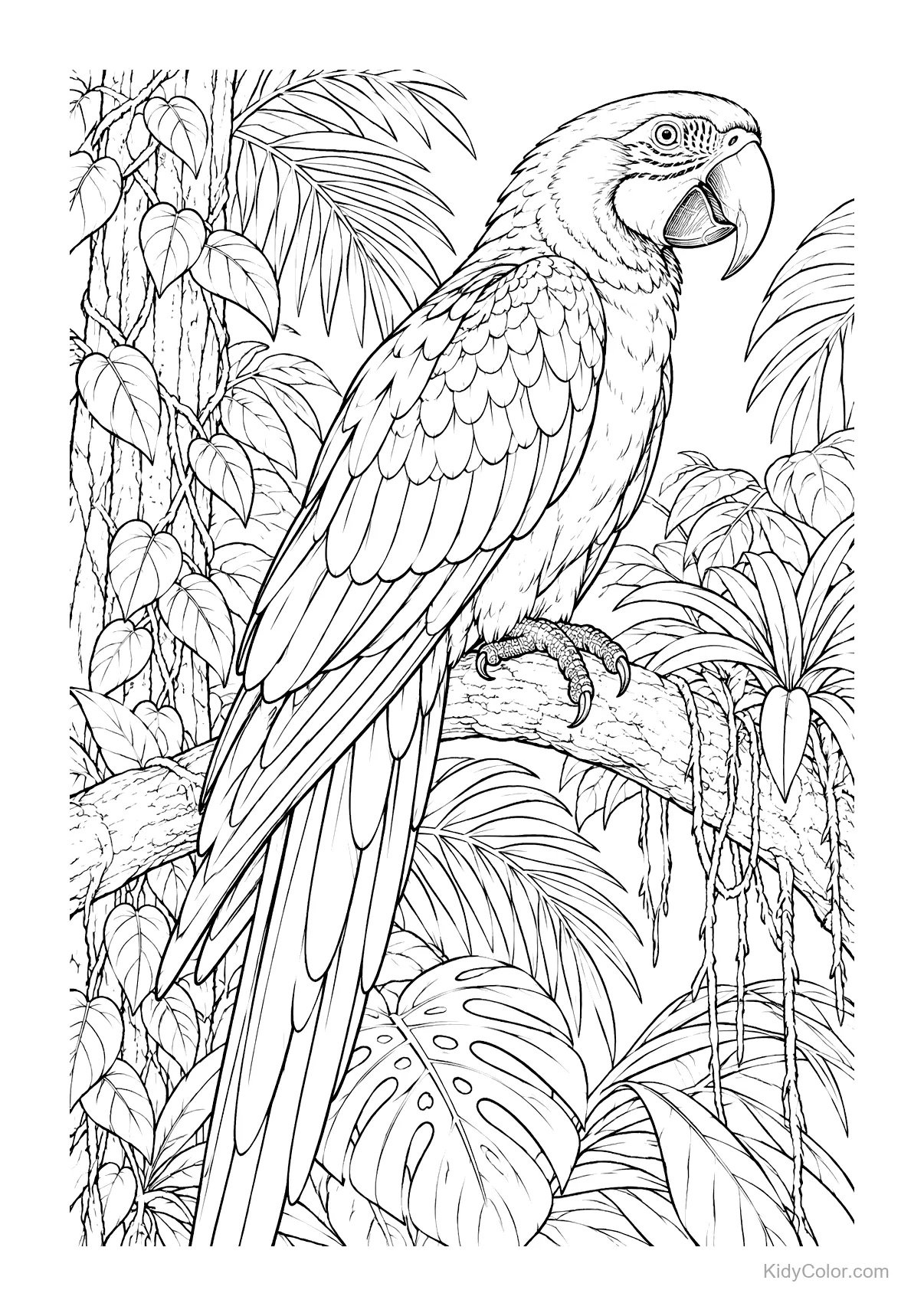 Arara em um galho na selva com folhagem ao redor.
