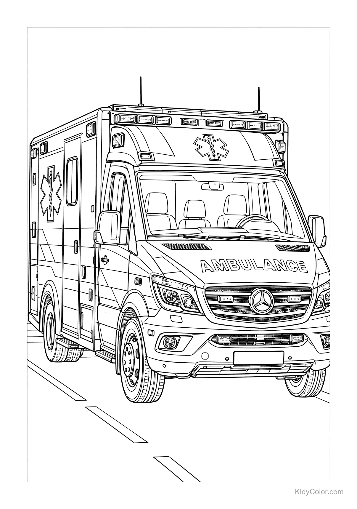 Detailed line art of a Mercedes-style ambulance driving on a road.