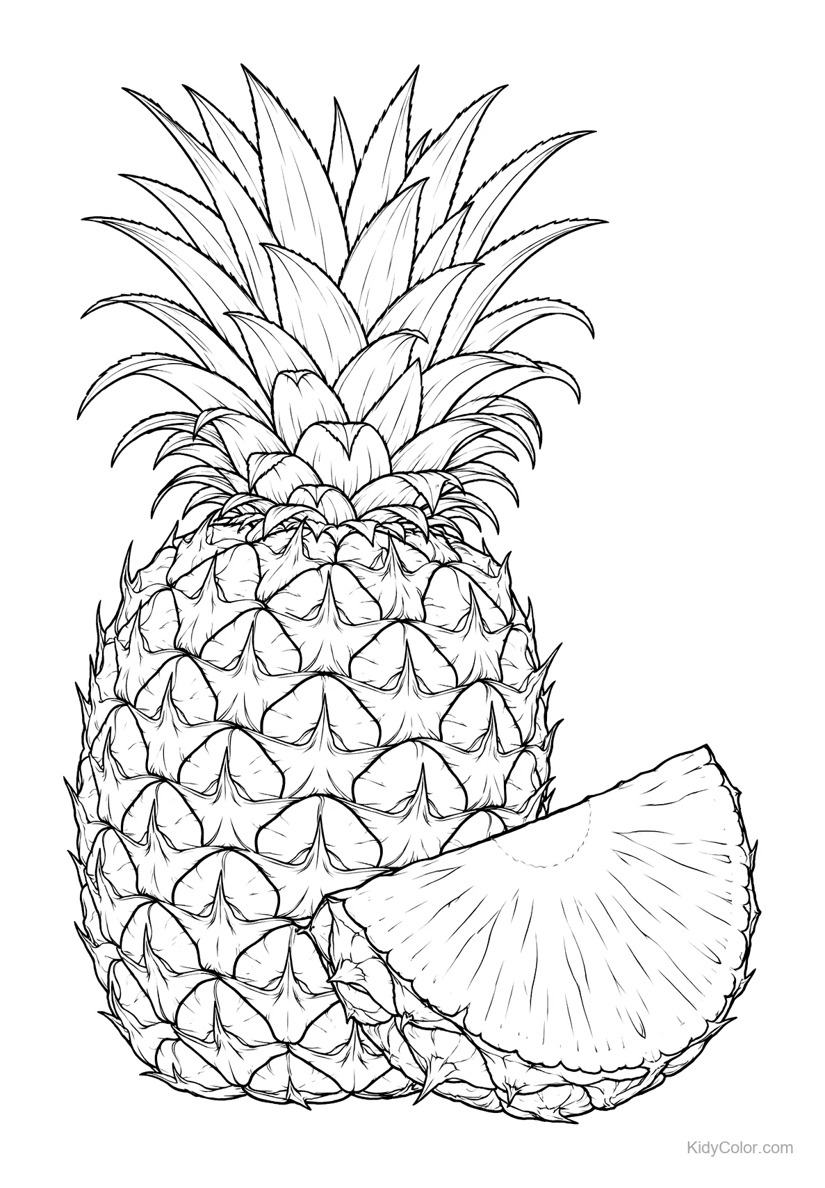 A detailed pineapple with a slice in the foreground.