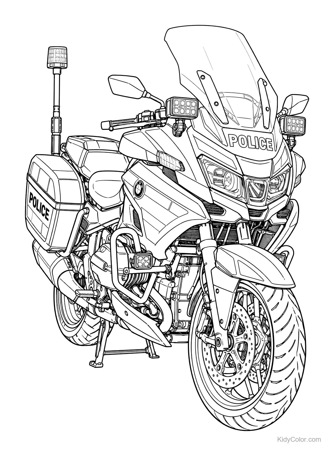 Detailed line art of a police motorcycle with lights and sirens.