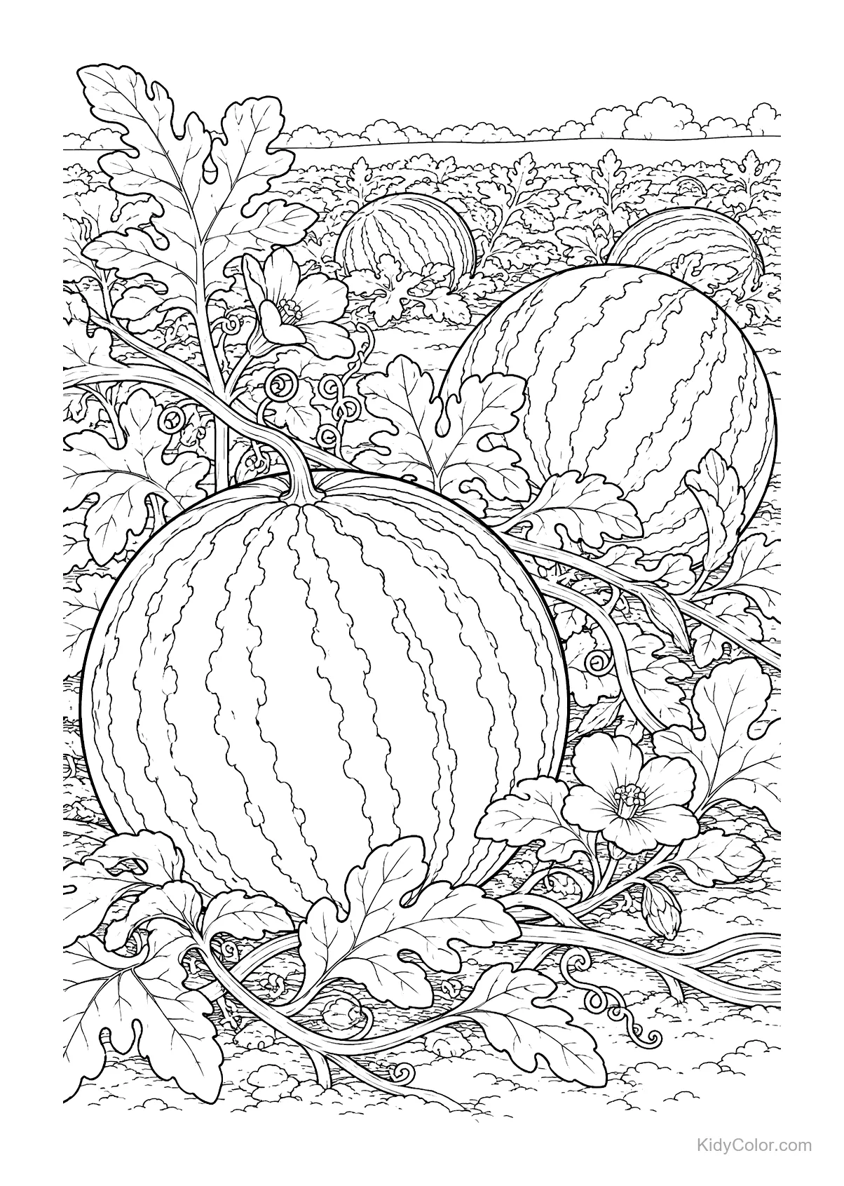 Watermelons on vines in a field with detailed leaves and flowers.