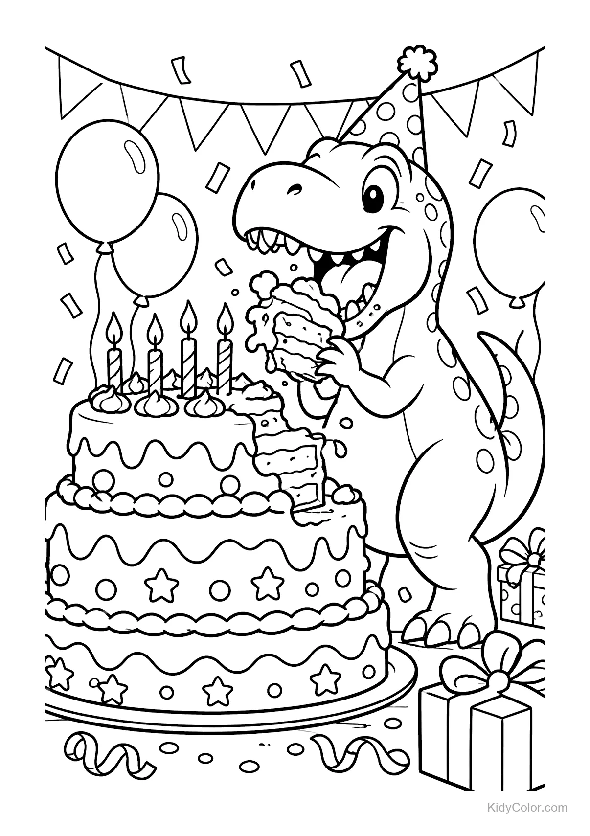 A dinosaur in a party hat eating birthday cake, surrounded by candles and gifts.