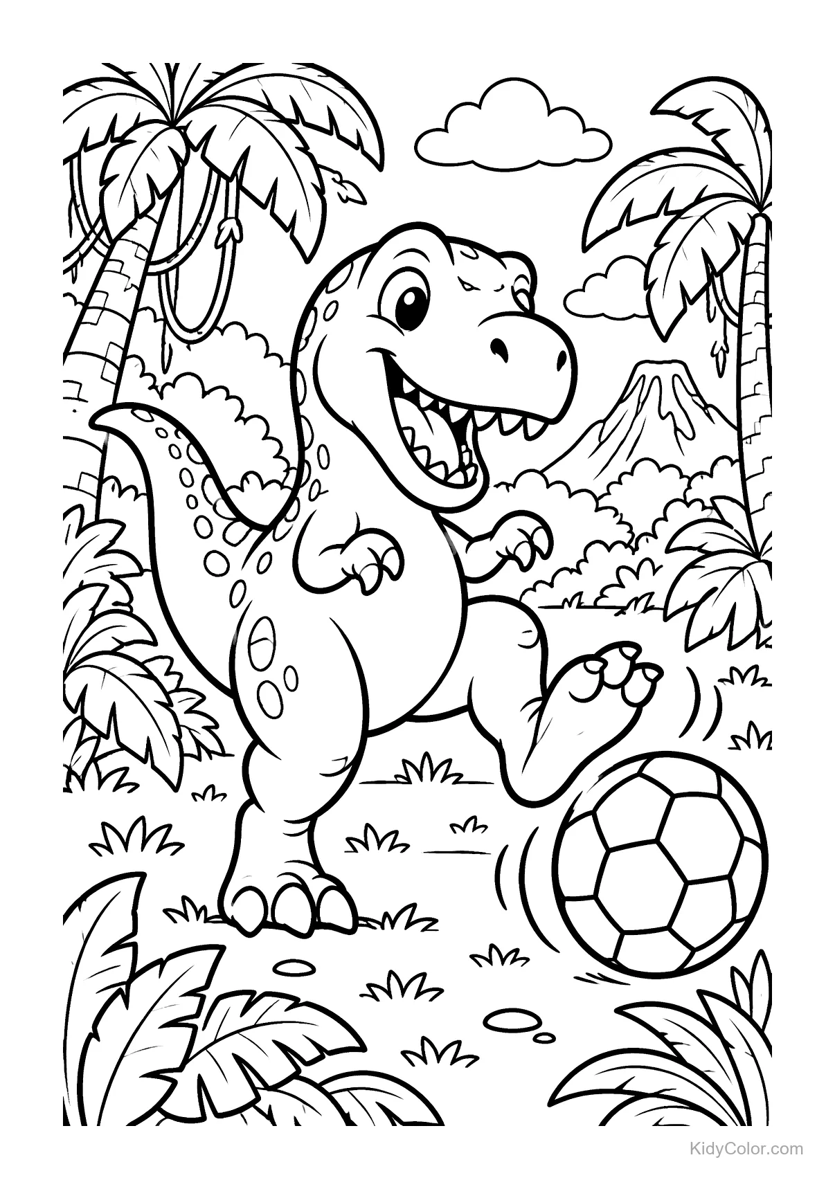 A dinosaur kicking a soccer ball in a jungle with trees and clouds.