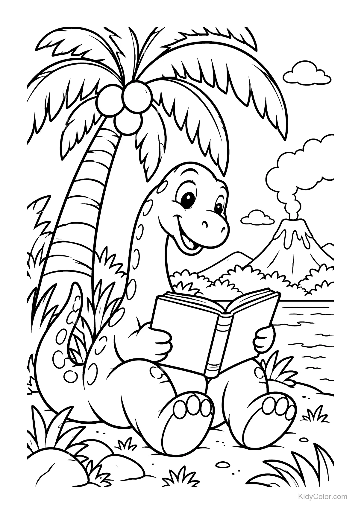 A dinosaur sits reading a book under a palm tree with a volcano in the background.