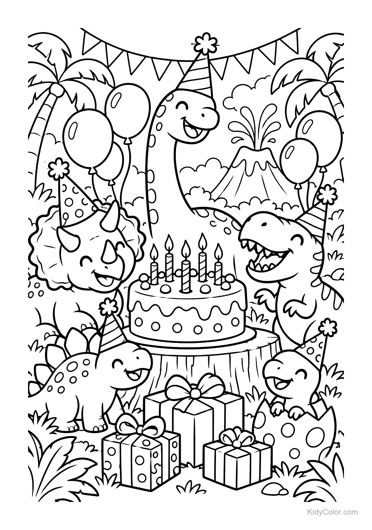 Dinosaurs in party hats with a cake, balloons, and presents.