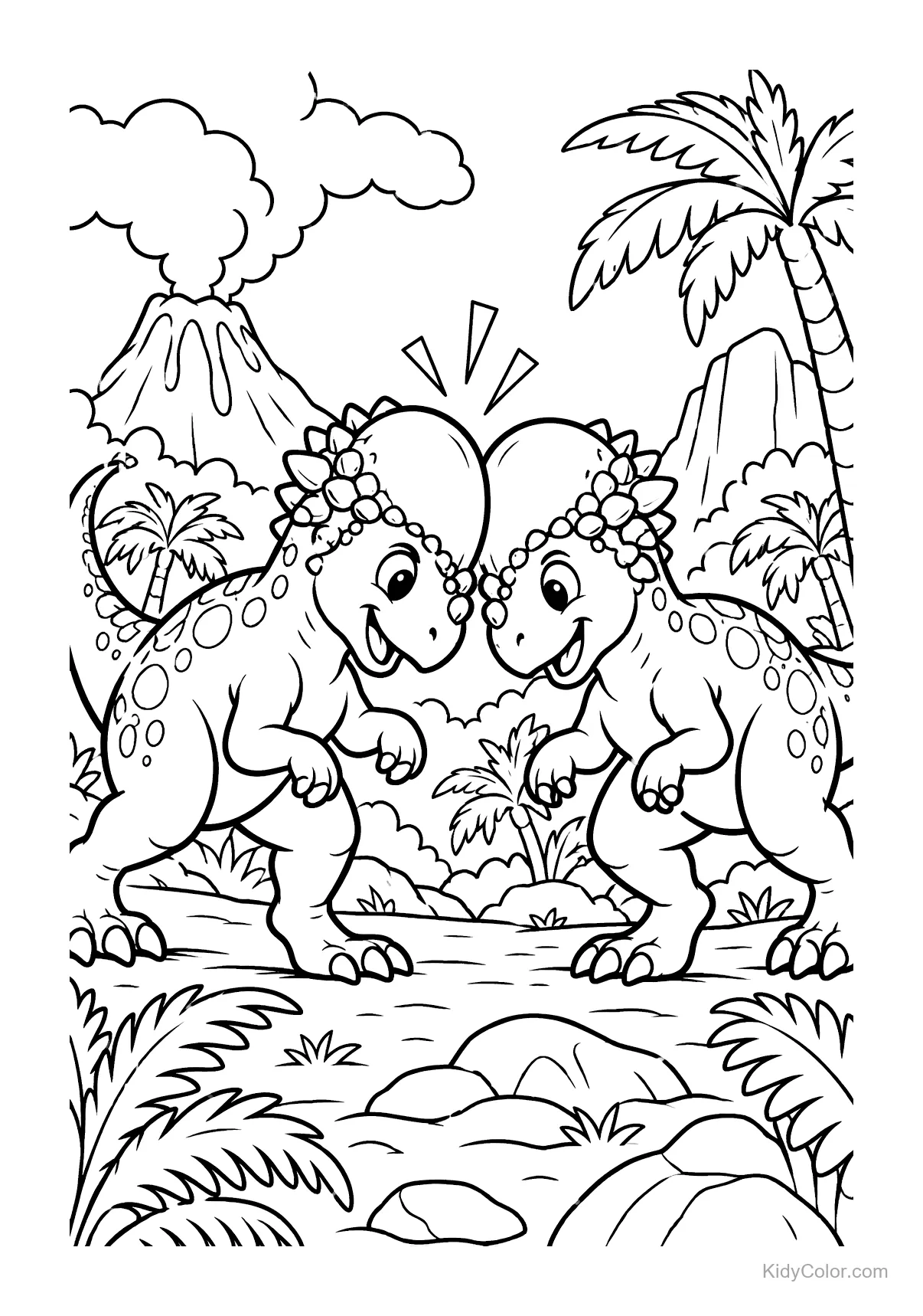 Two dinosaurs head-butting playfully in a jungle setting.