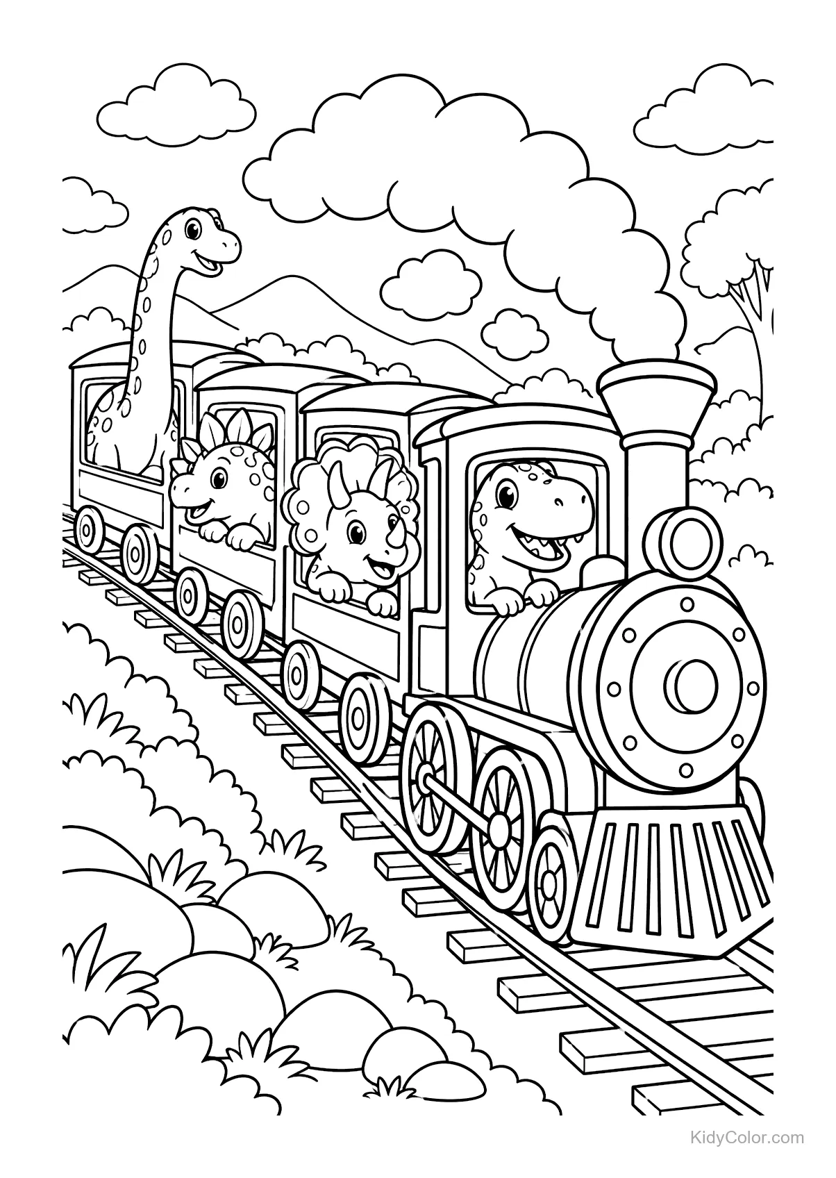Train à vapeur avec des dinosaures comme T. rex et Triceratops.