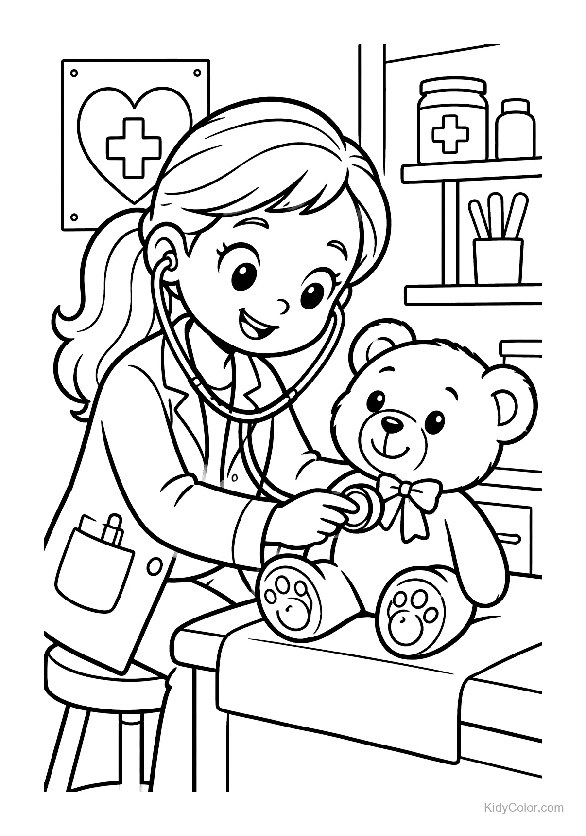 Doctor using a stethoscope on a teddy bear in an office setting.