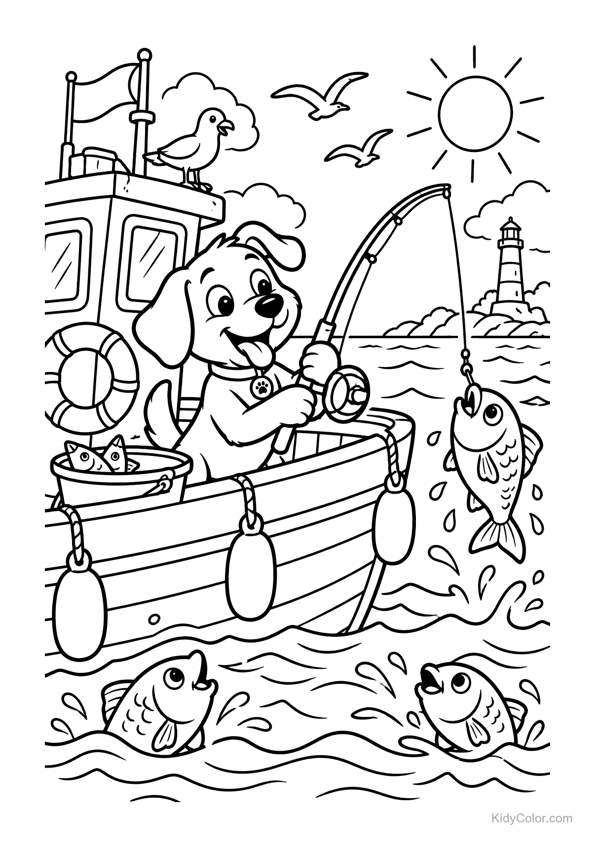 A dog on a boat fishing in the sea with a lighthouse and seagulls.