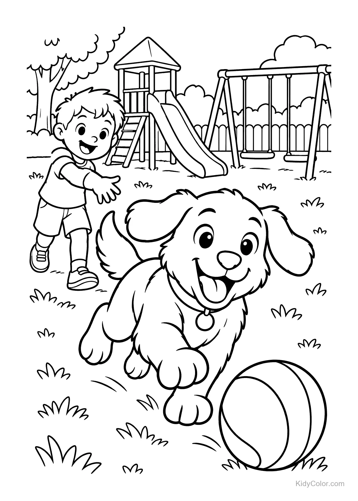 Perro corre con una pelota en la boca mientras un niño lo observa en el parque.