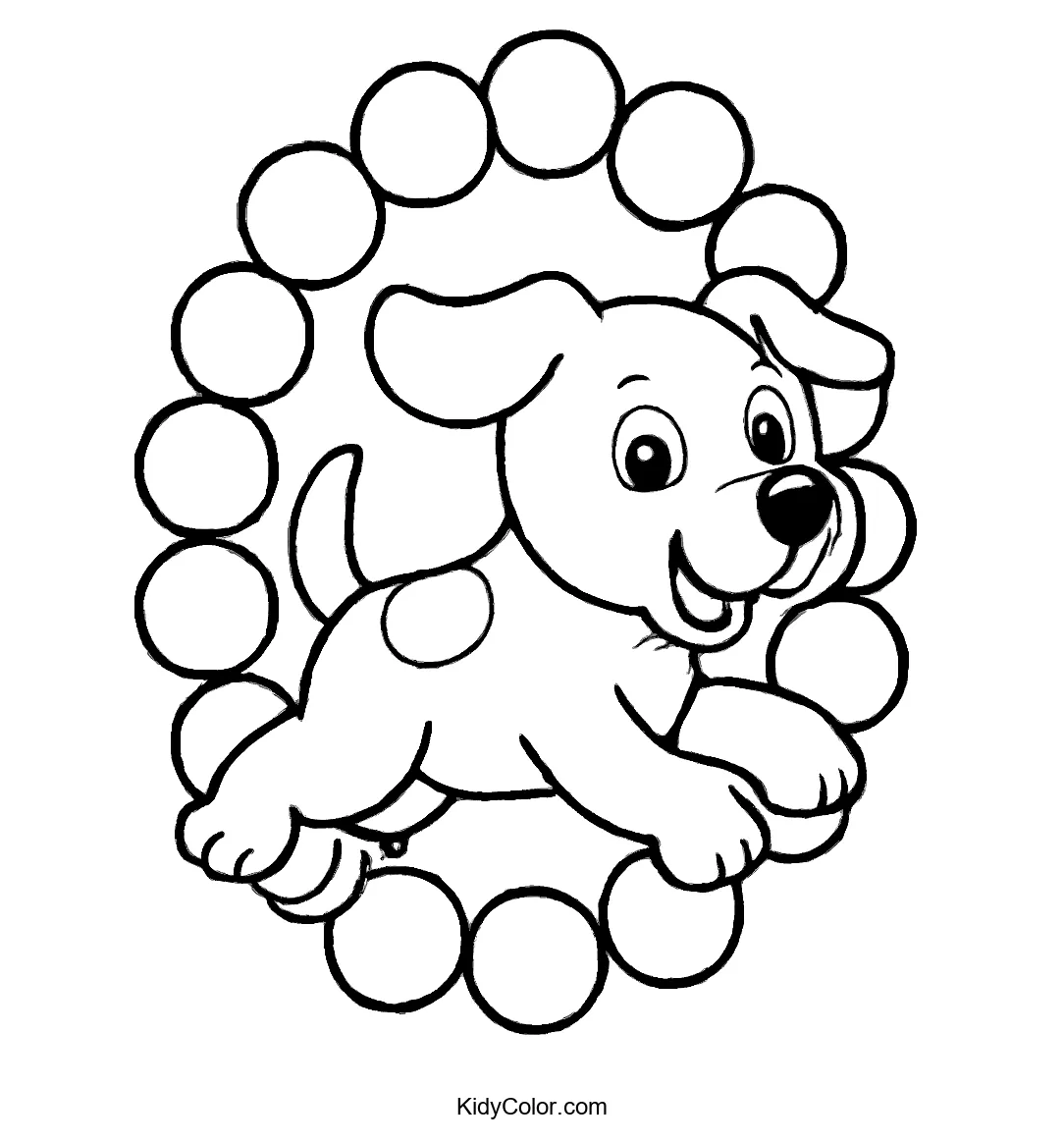 A playful dog jumping through a hula hoop made of large circles.