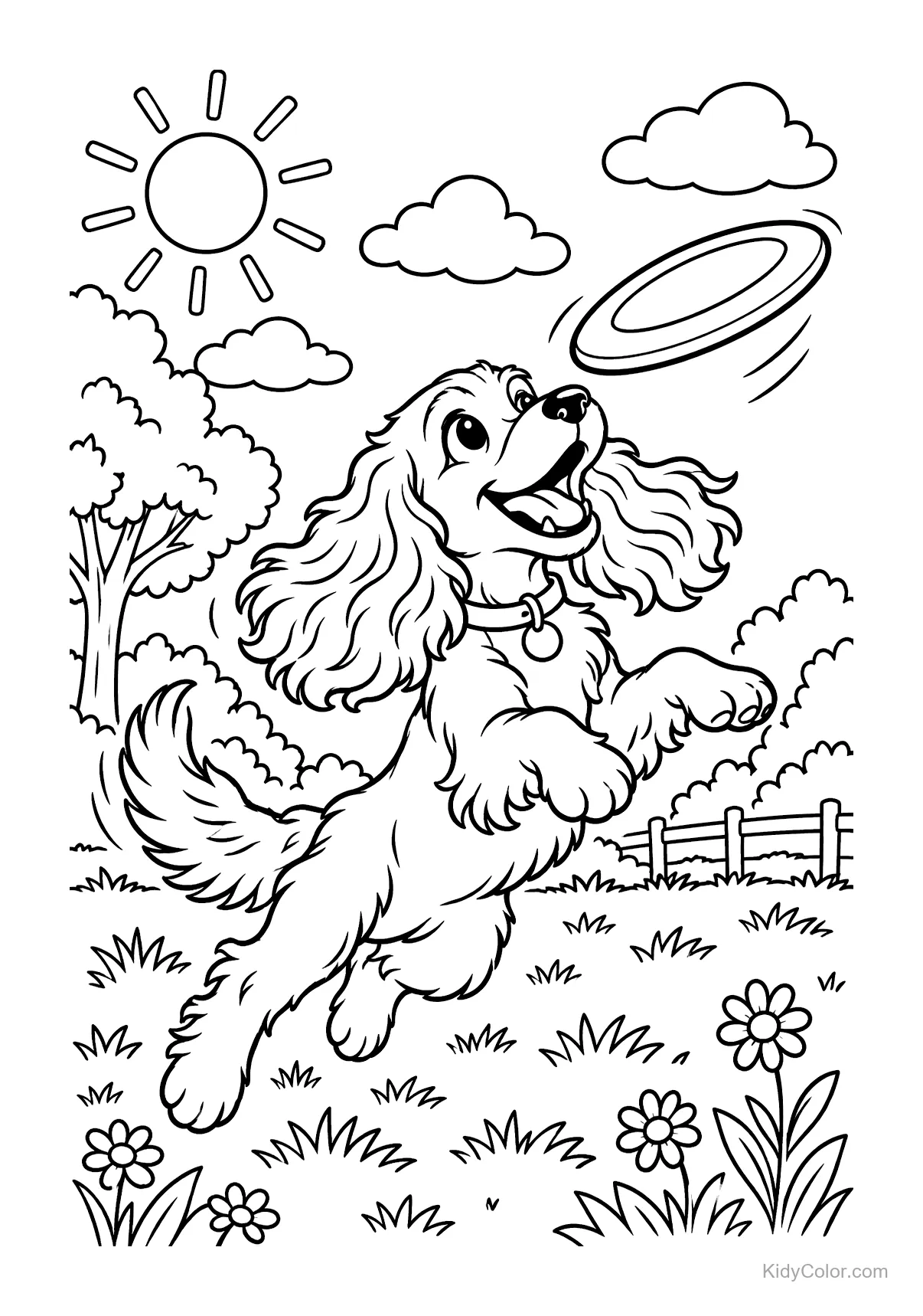 A dog leaping to catch a frisbee in a park with trees and flowers.