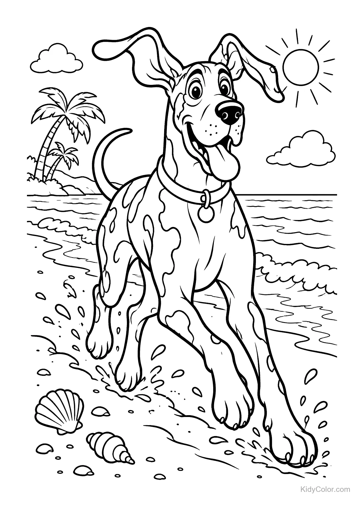A dog running on the beach with shells and palm trees.