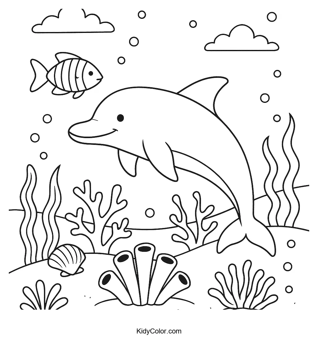 Dolphin swimming with corals and fish coloring page