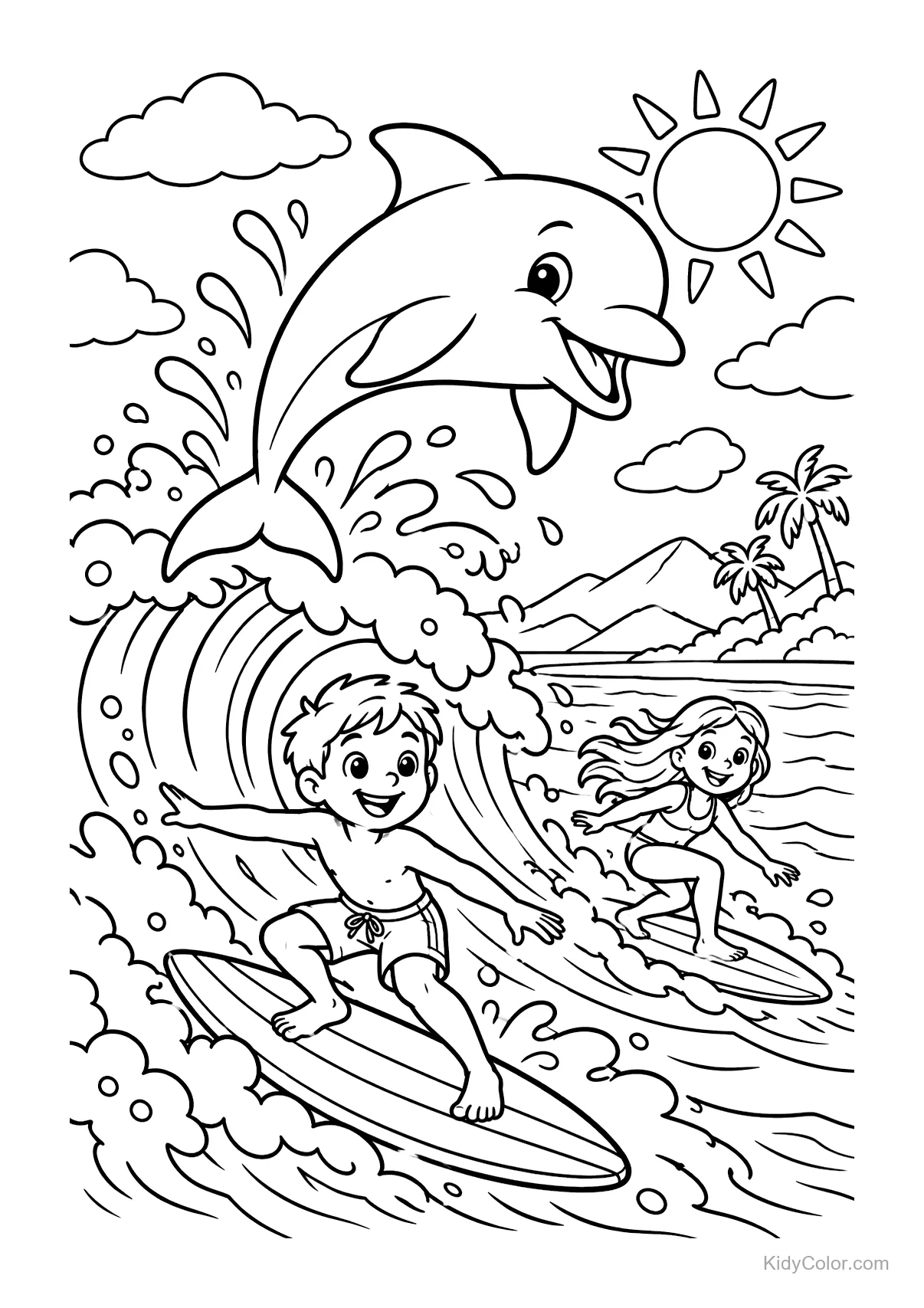 A dolphin jumping over waves with two kids surfing below.