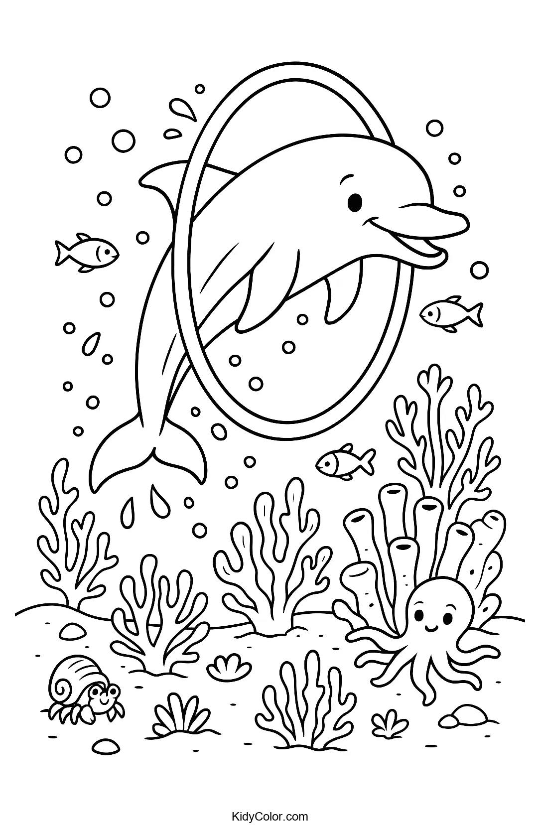 Dolphin leaping through a coral hoop