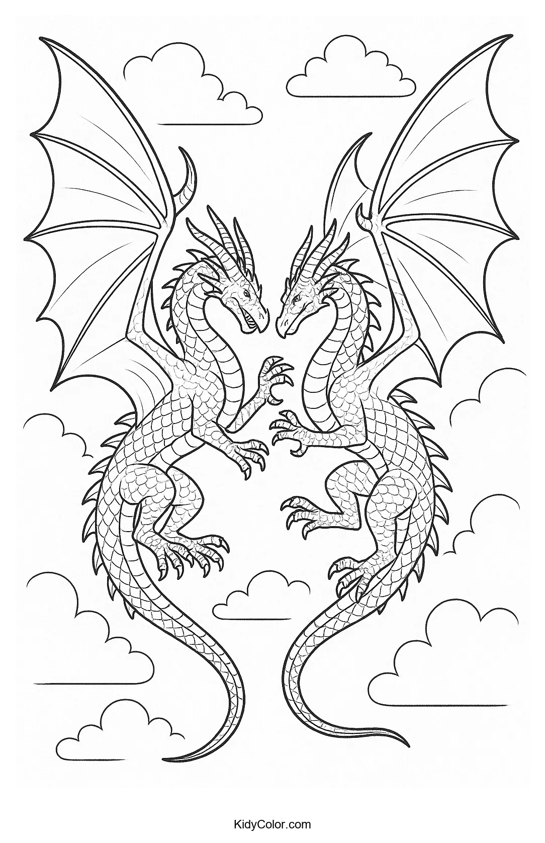 Two dragons dueling in clouds coloring page.