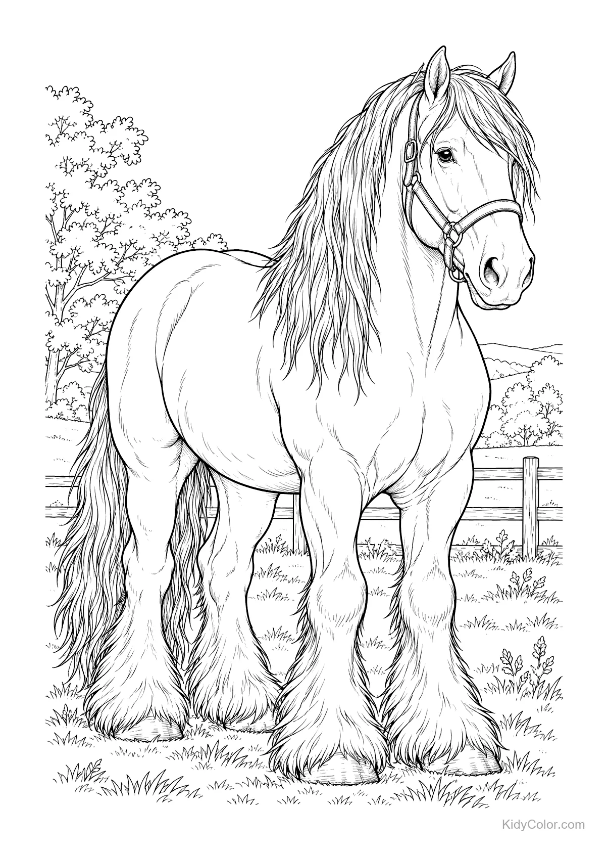 Majestic draft horse with long mane in a pasture.