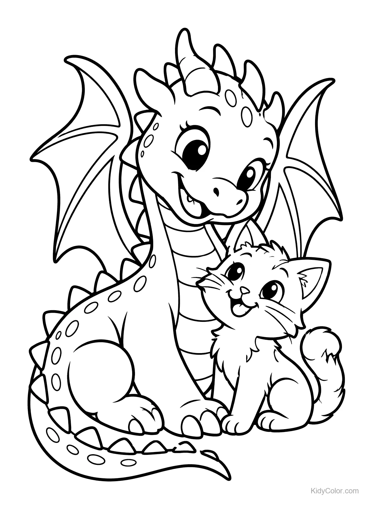 A dragon and a kitten sitting together, both smiling.