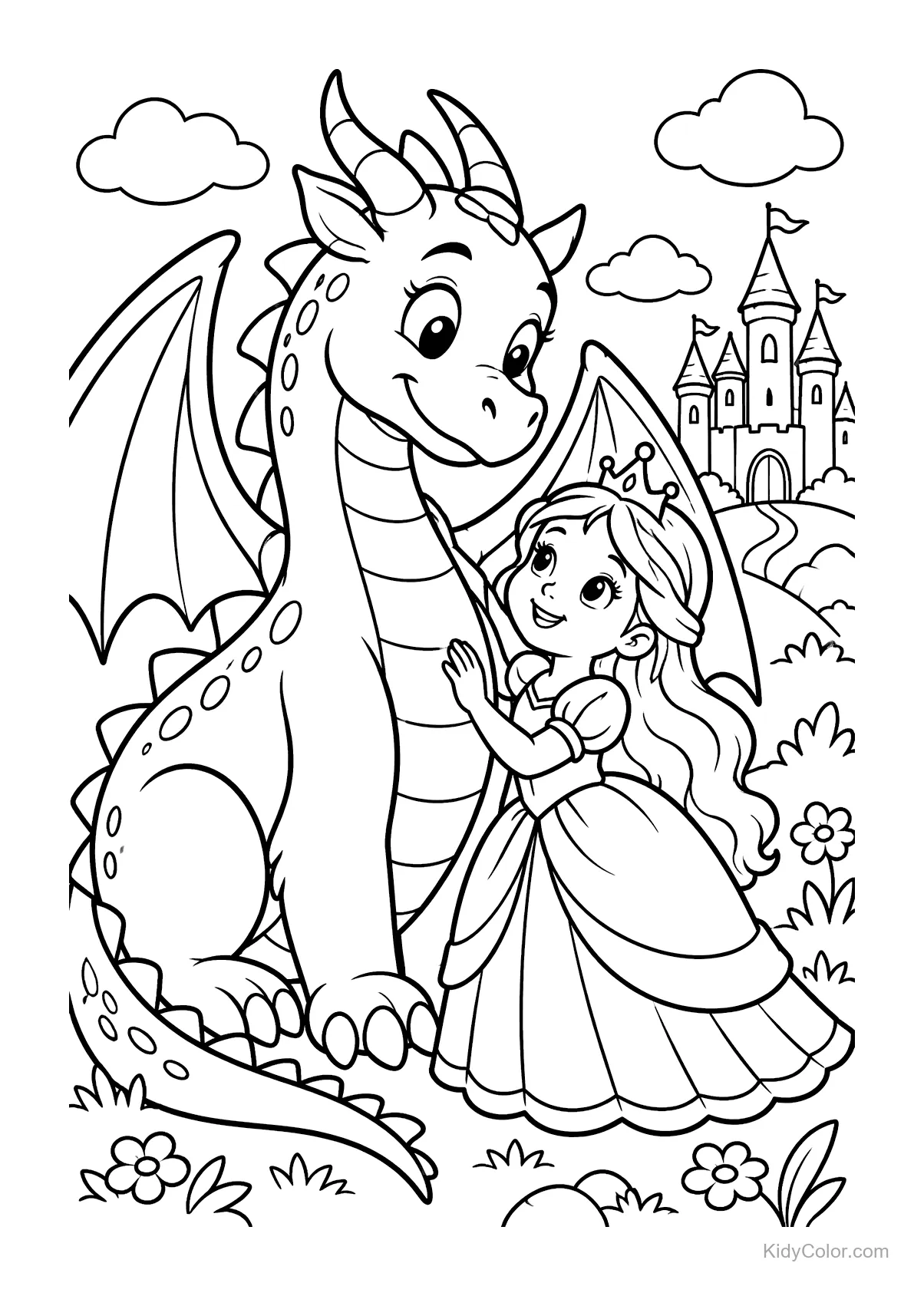 Prinzessin steht neben einem freundlichen Drachen mit Schloss im Hintergrund.