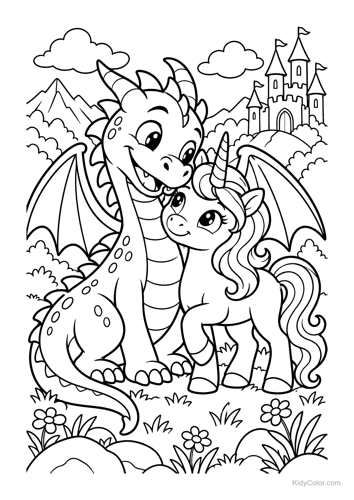Dragon and unicorn in front of a castle with mountains in the background.