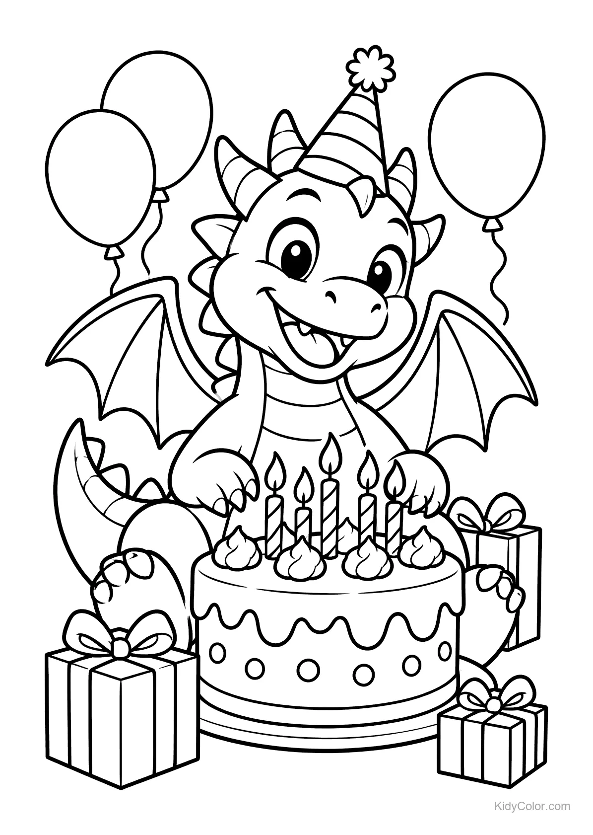 Dragon wearing a party hat with a cake, gifts, and balloons.