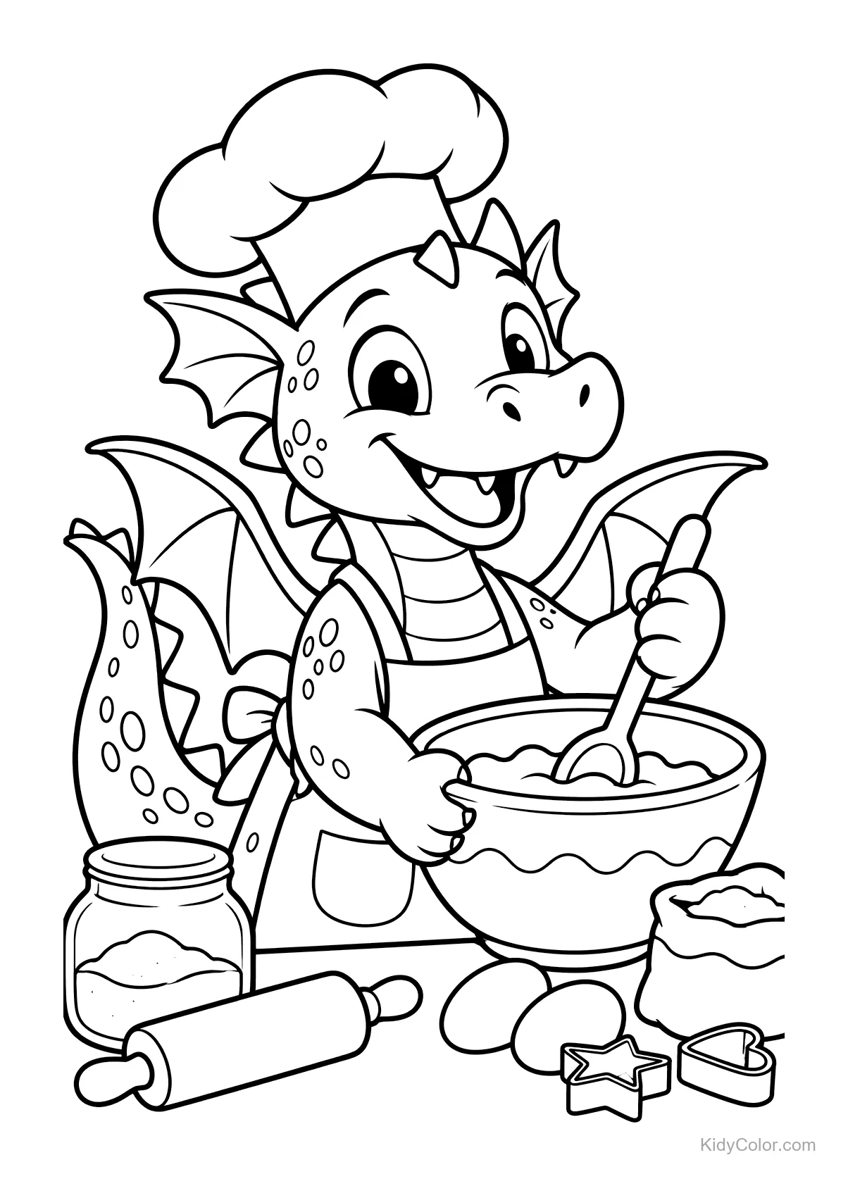 Dragão com chapéu de chef misturando ingredientes em uma tigela.
