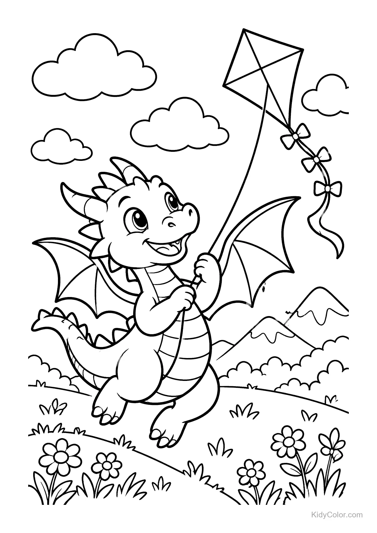 Ein fröhlicher Drache fliegt einen Drachen in hügeliger Landschaft mit Blumen und Wolken.
