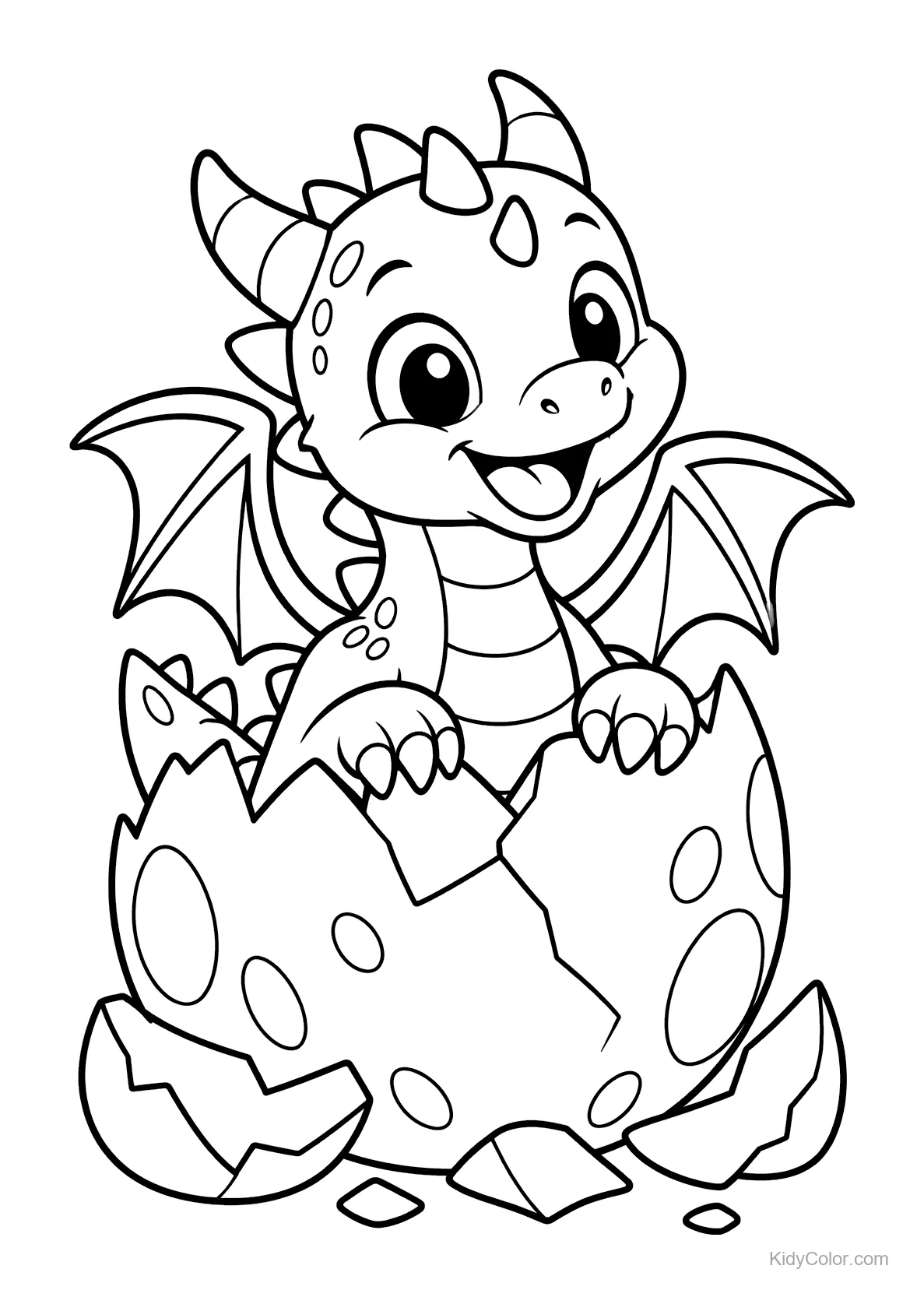 A young dragon hatches from an egg, smiling with small wings.