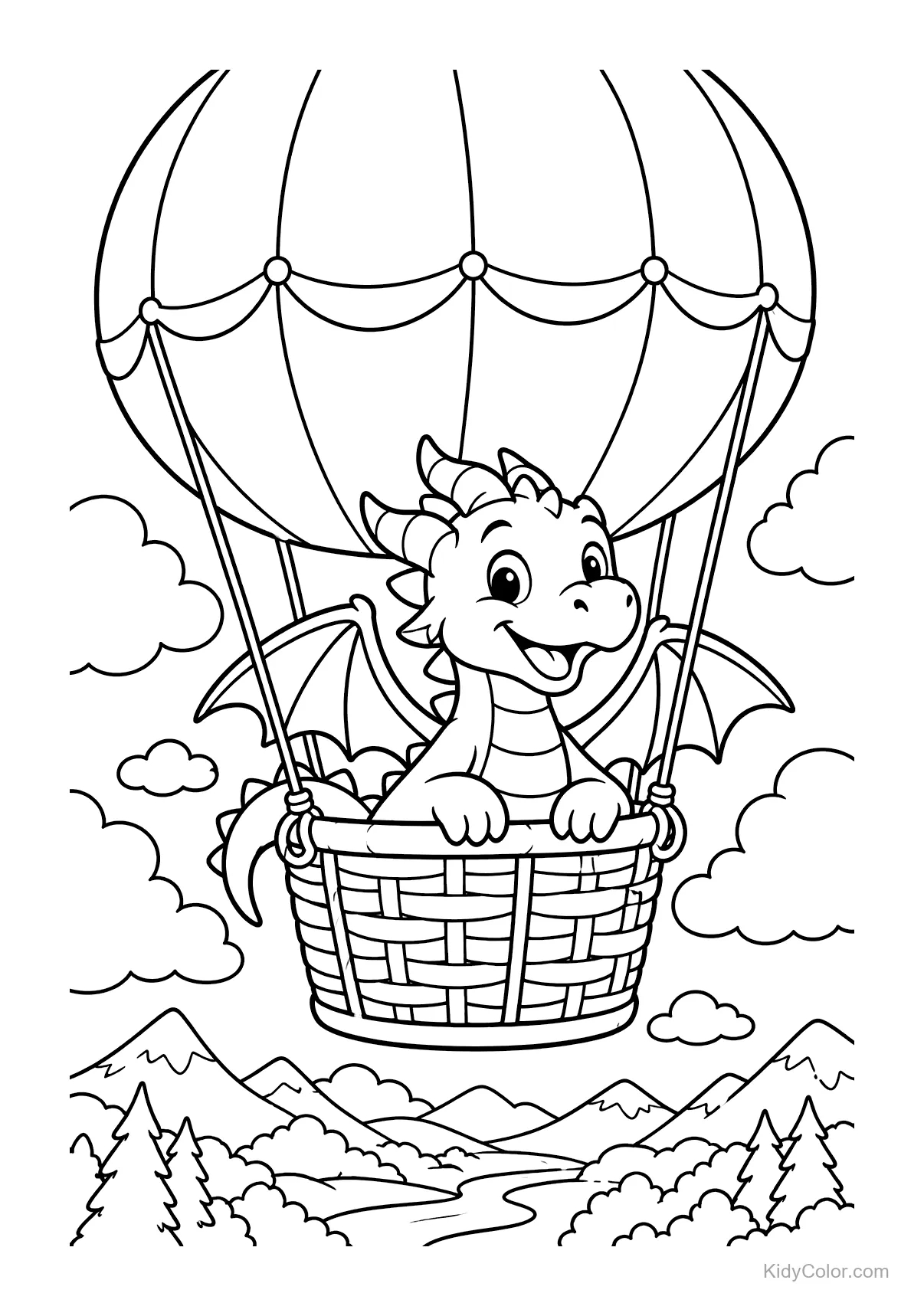 Dragão feliz em um balão de ar quente sobre montanhas.