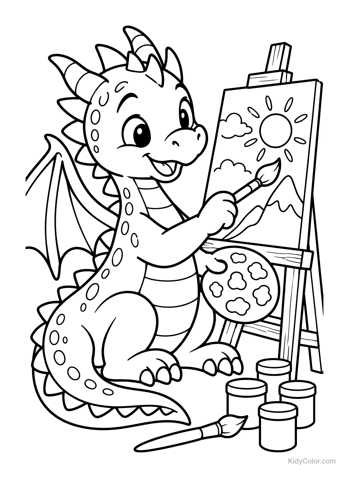 Dragão pintando uma paisagem ensolarada em uma tela com pincéis.