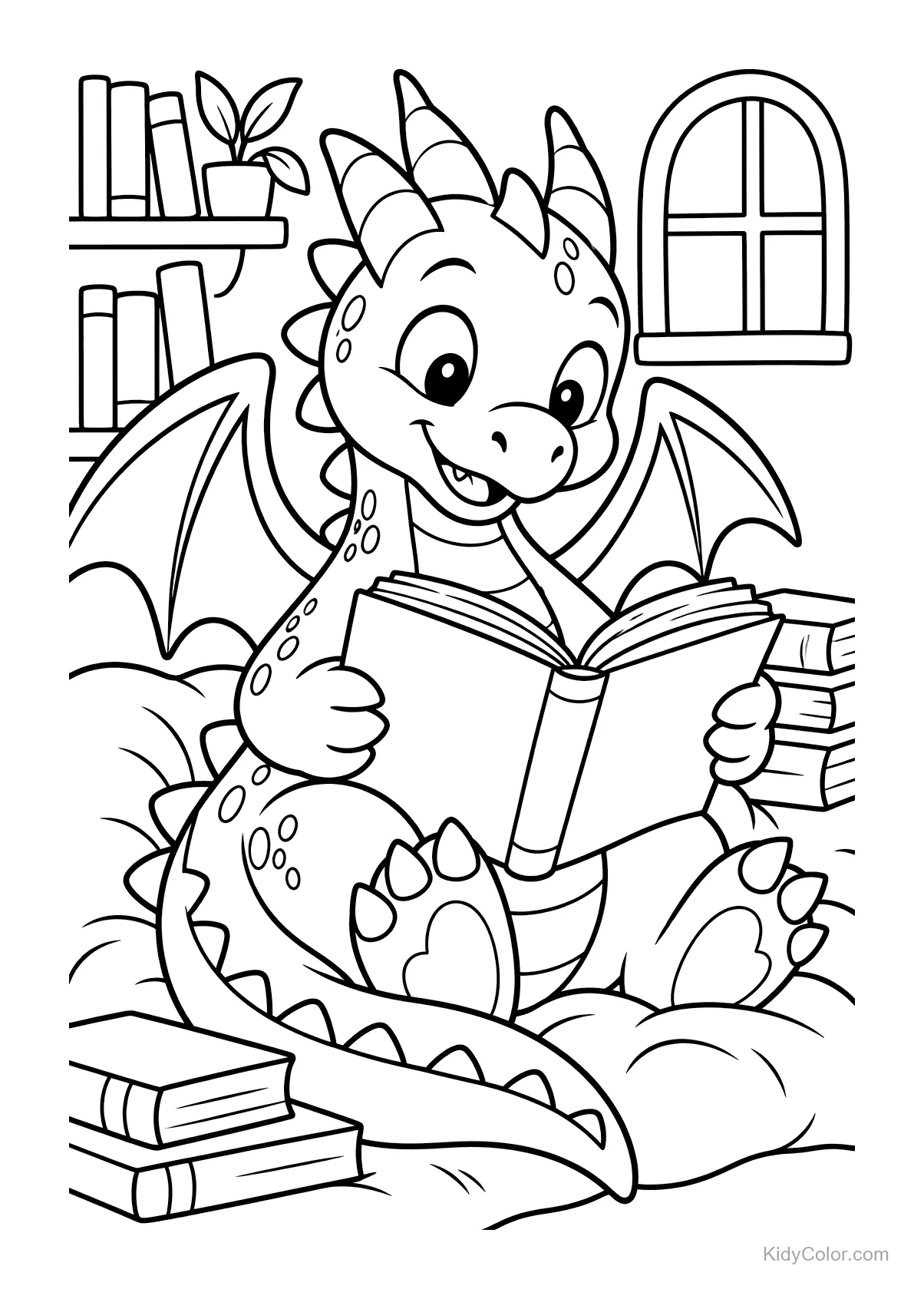 Dragon reading a book in a cozy nook with pillows and books.
