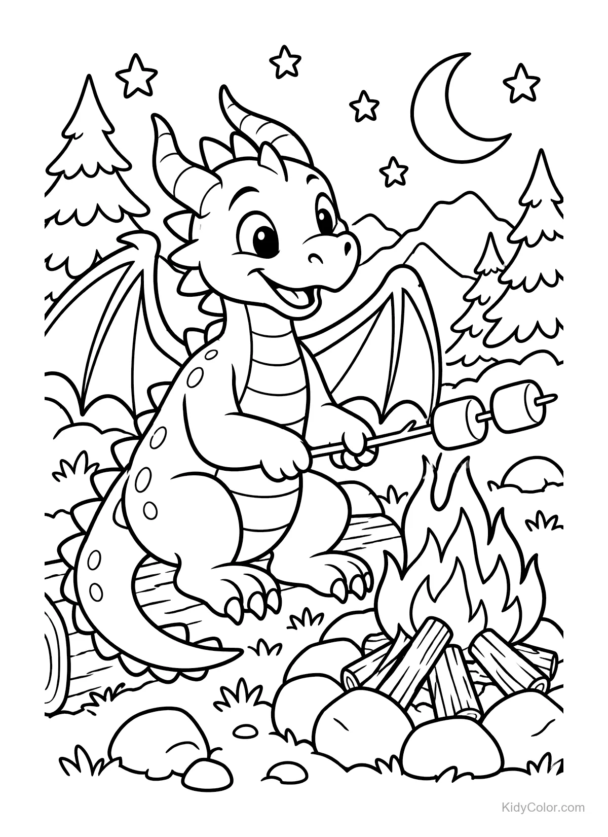 A dragon roasting marshmallows by a campfire under the stars.