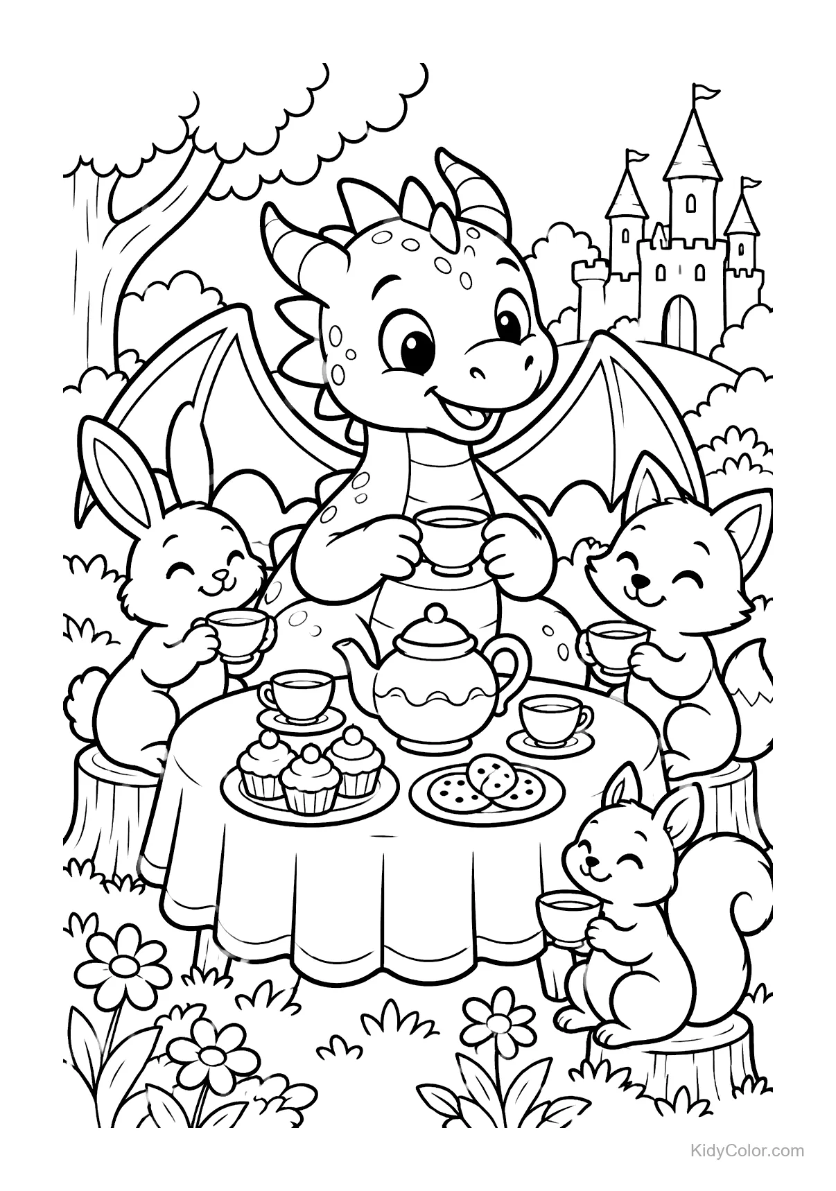 Drache mit Hase, Fuchs und Eichhörnchen bei einer Teeparty im Garten, Schloss im Hintergrund.