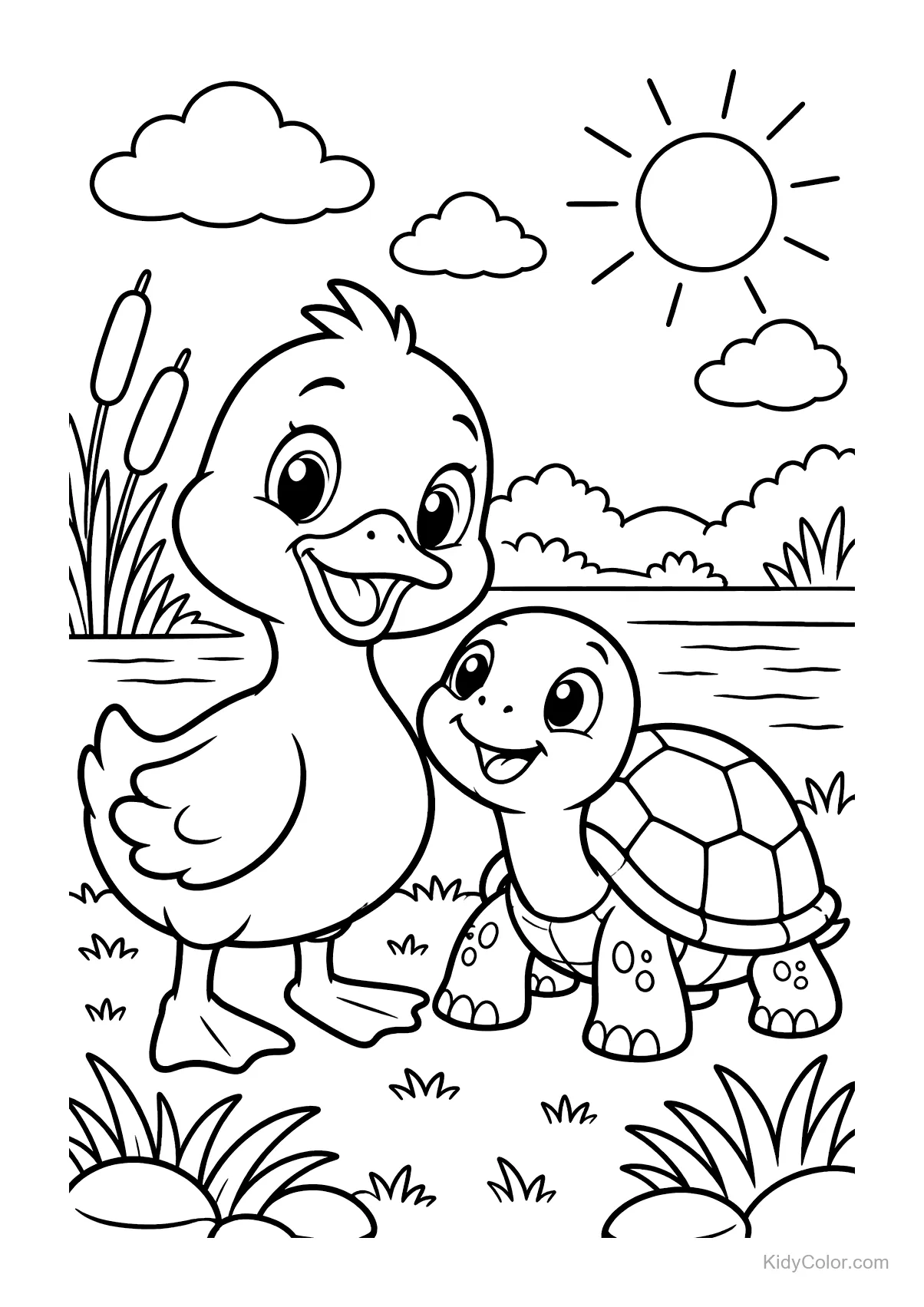 Niedliche Ente und Schildkröte am Teich mit Sonne im Himmel.