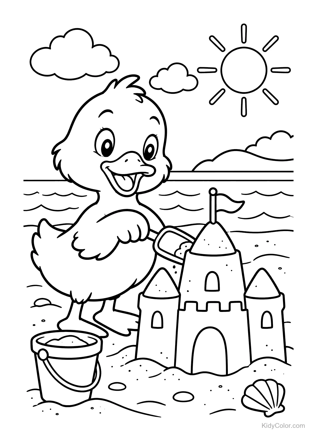 Canard construisant un château de sable à la plage avec un seau et une pelle.
