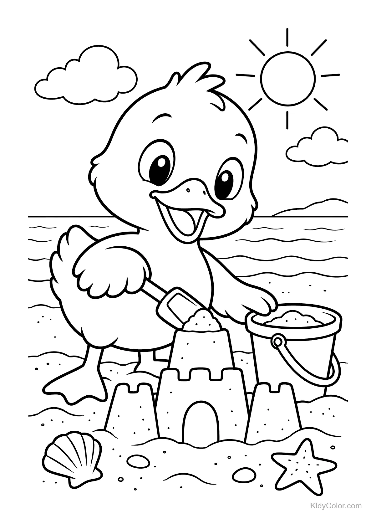 Canard avec pelle et seau construisant un château de sable.