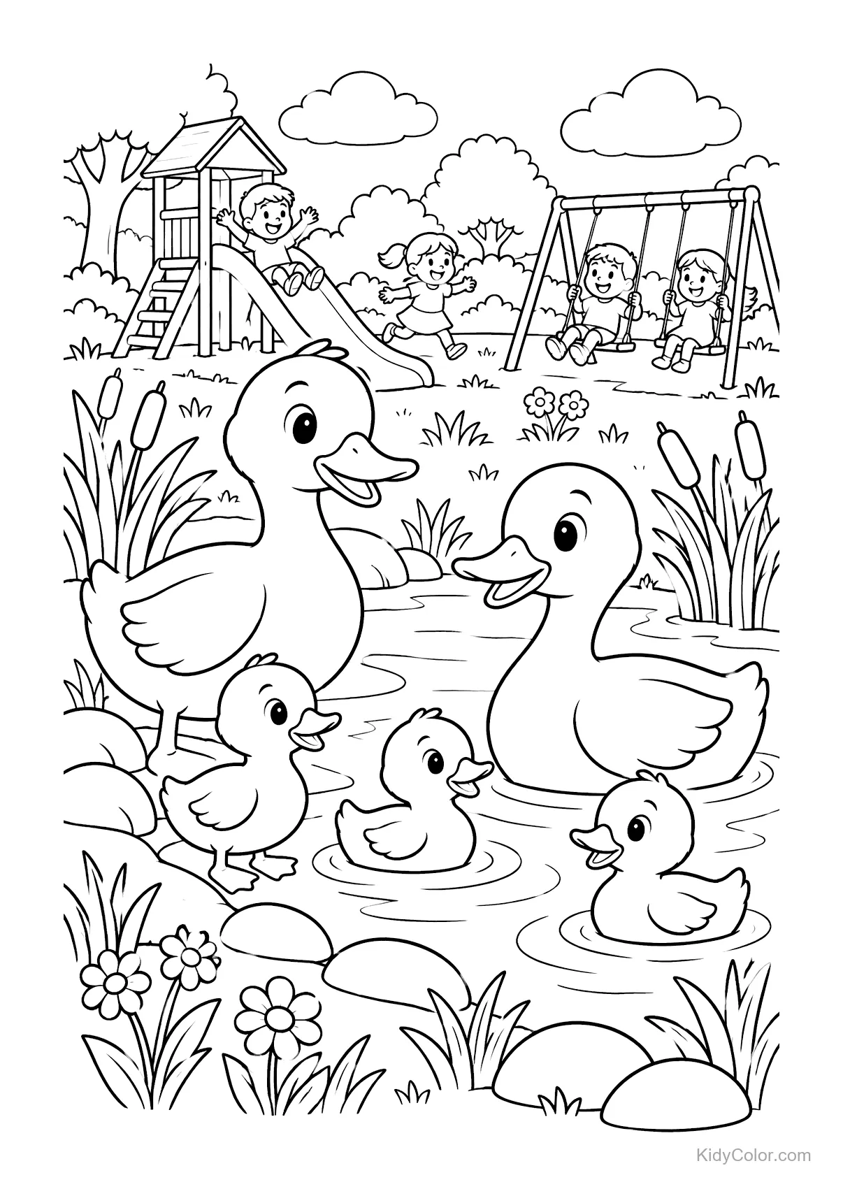 Entenfamilie schwimmt im Teich mit spielenden Kindern im Hintergrund.