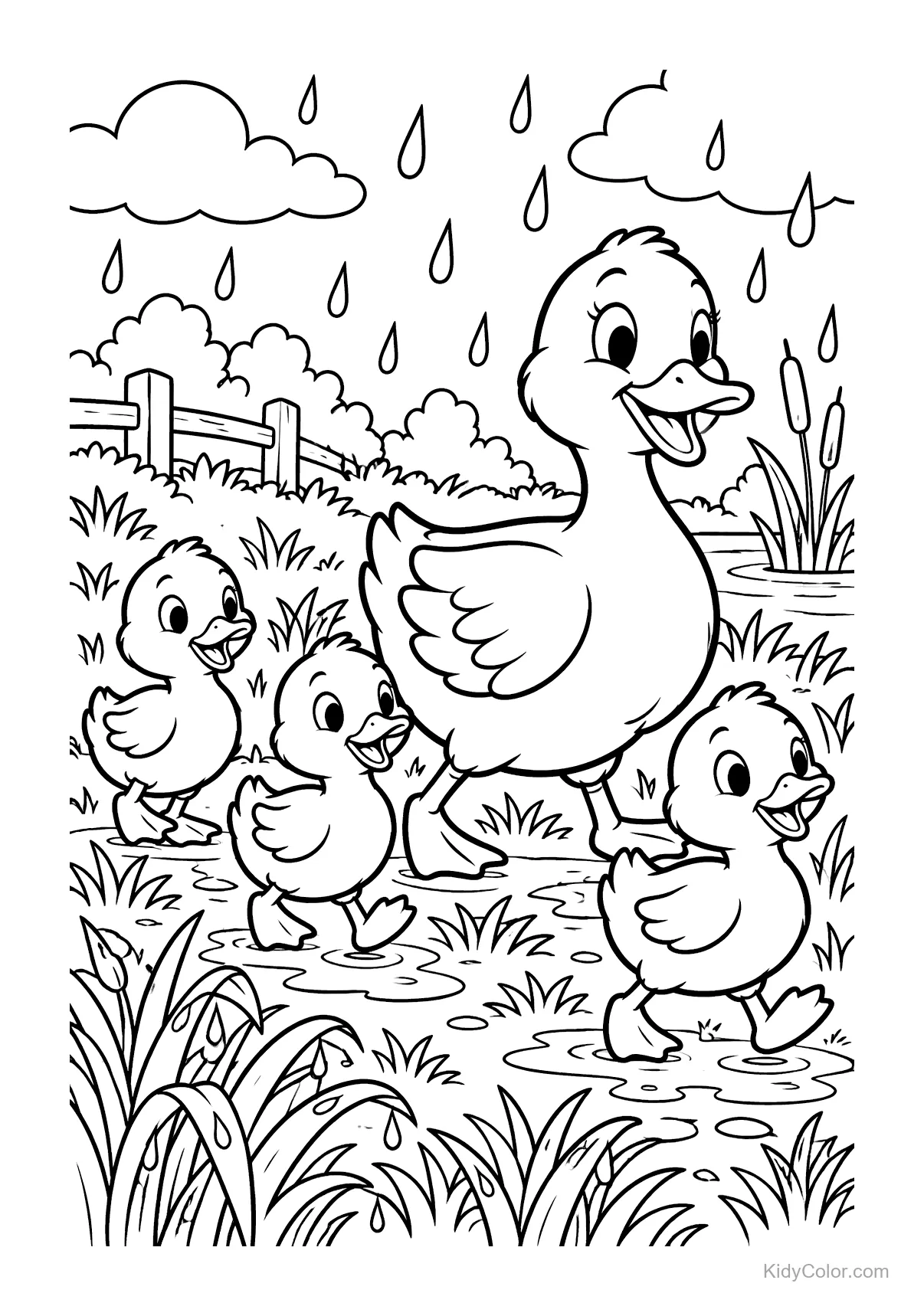 Duck family, a mother duck with three ducklings, walks in the rain with puddles and clouds.
