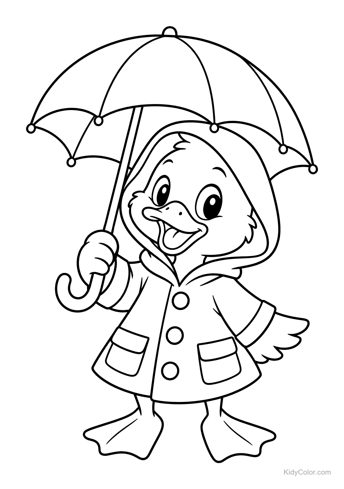 Kaczka w płaszczu przeciwdeszczowym trzyma parasol.