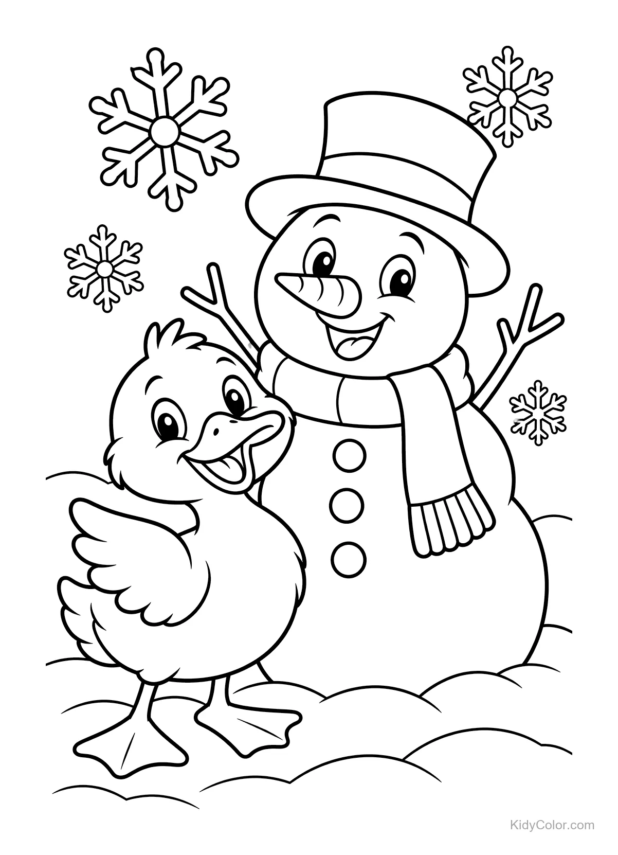 Duck standing beside a smiling snowman with snowflakes around.