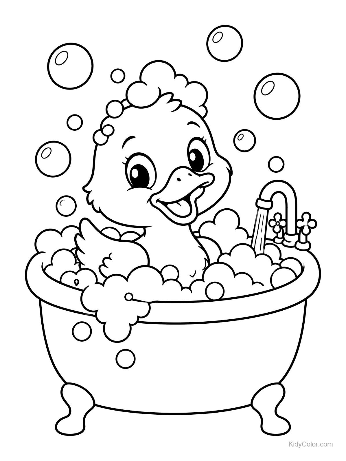 Canard dans une baignoire entouré de bulles.