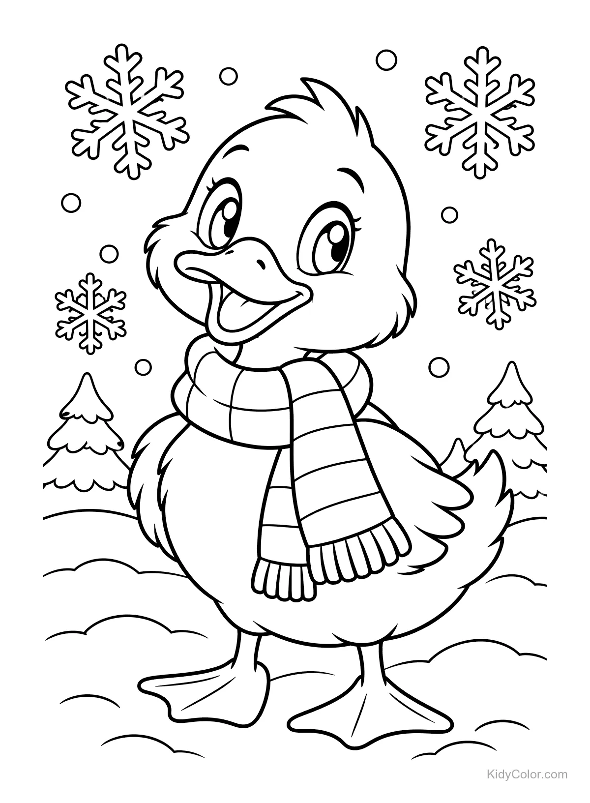 Un canard avec une écharpe dans la neige avec des flocons et des arbres.