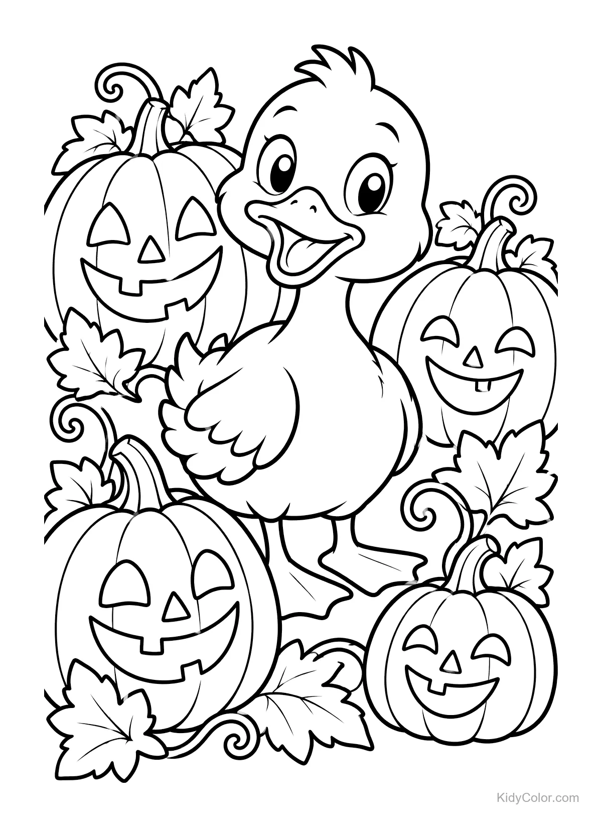 Canard amical entouré de citrouilles d'Halloween sculptées.